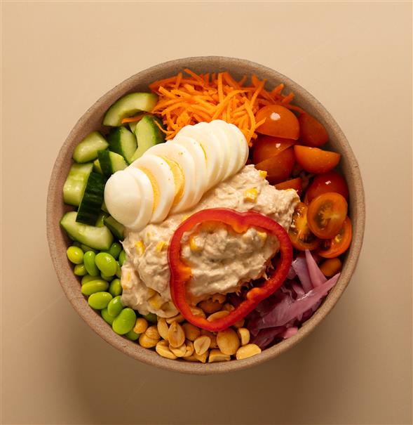 Salad bowl with tuna salad and egg.